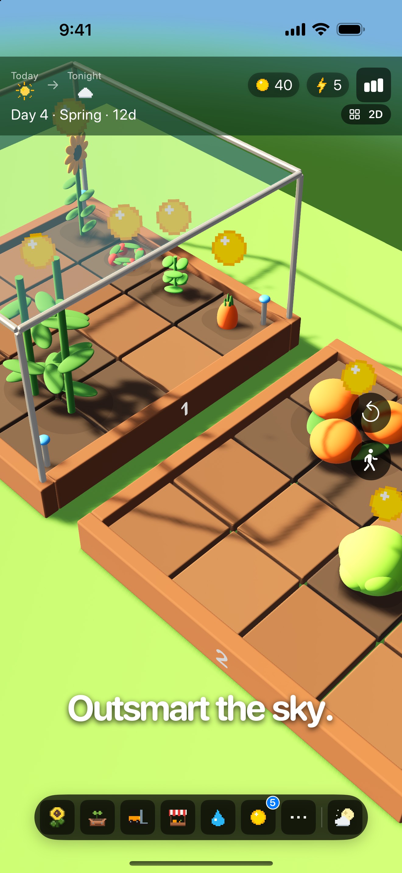 PlanterBoxed 3D garden — wooden boxes with tomatoes and pumpkins under a greenhouse, 'Outsmart the sky.'