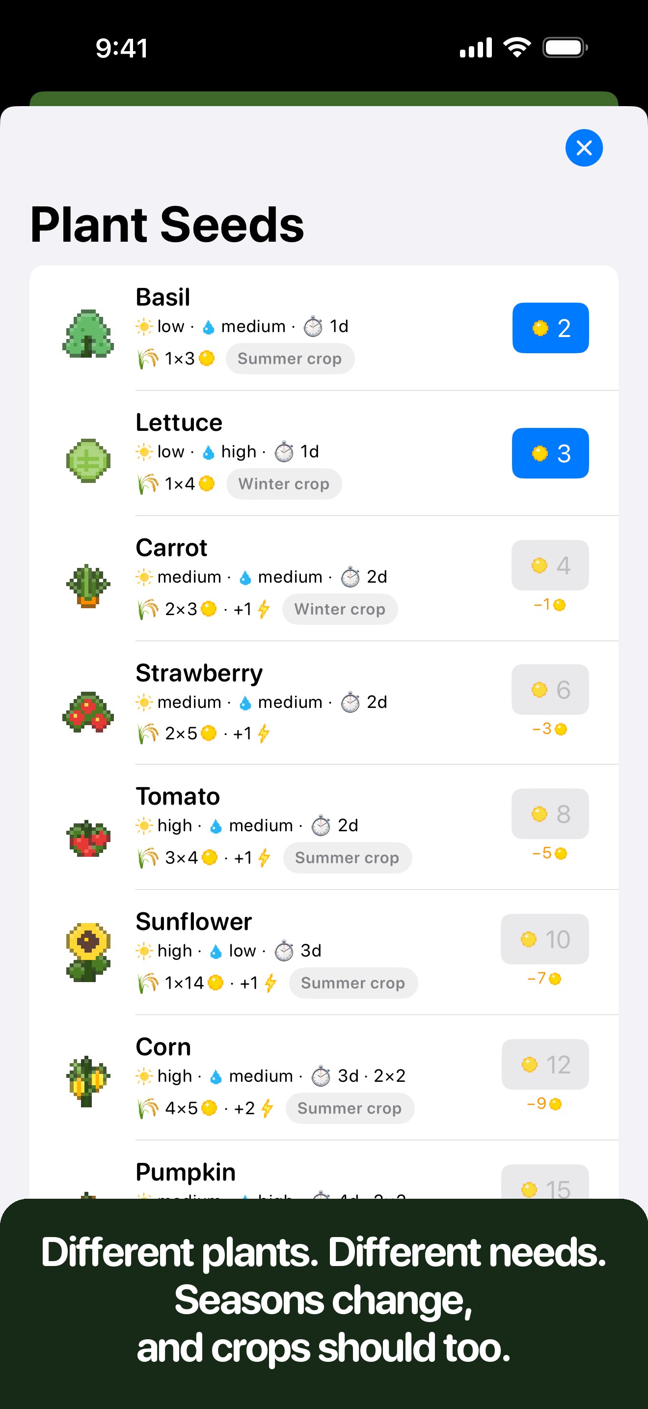 The seed shop in PlanterBoxed — 'Different plants. Different needs. Seasons change, and crops should too.'