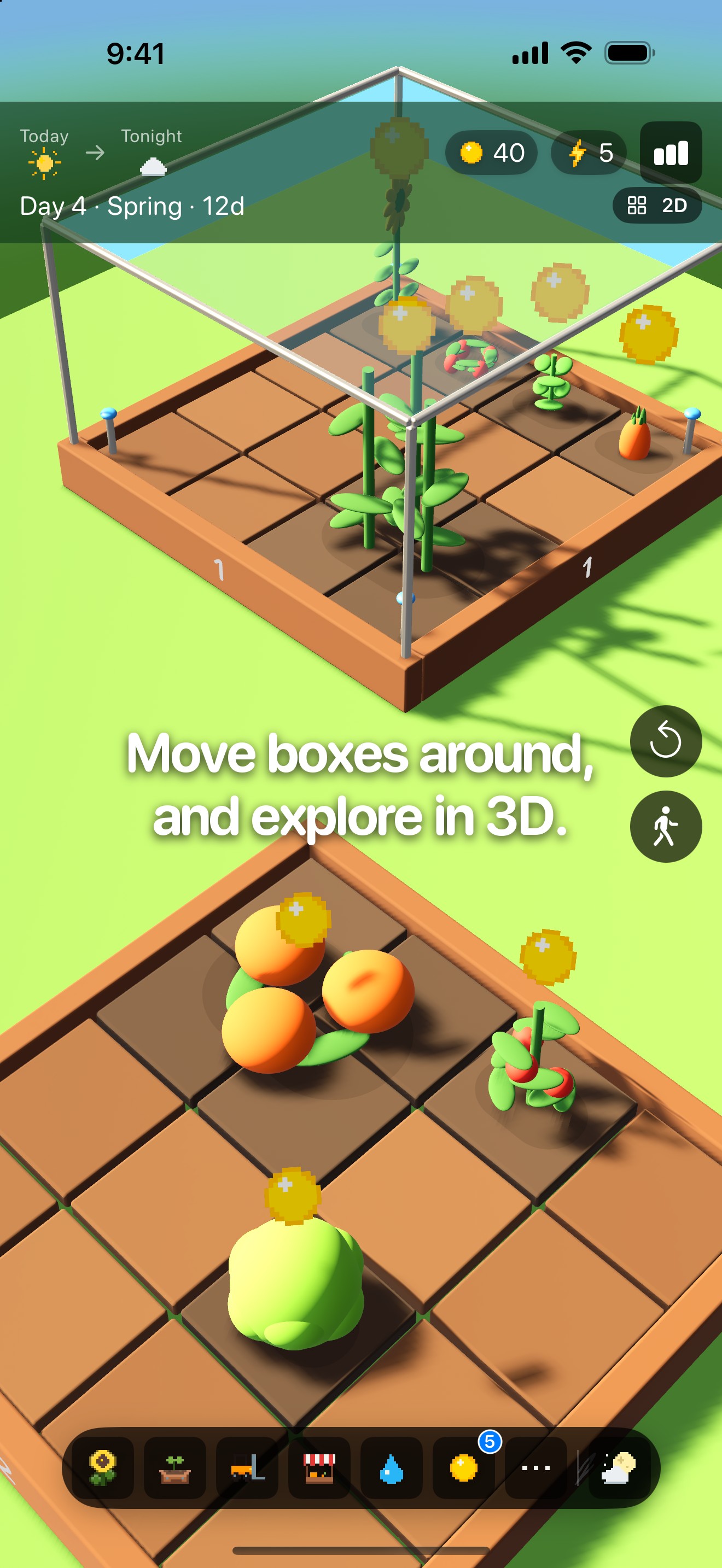 Moving garden boxes in 3D in PlanterBoxed — 'Move boxes around, and explore in 3D.'