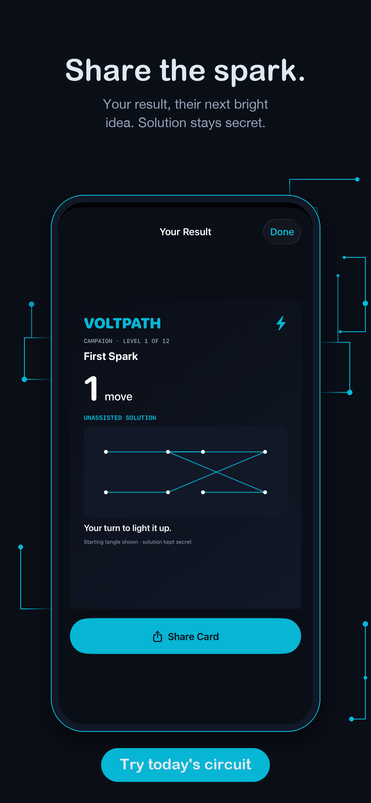 VoltPath result card — 'Share the spark.' Your result, their next bright idea. Solution stays secret.